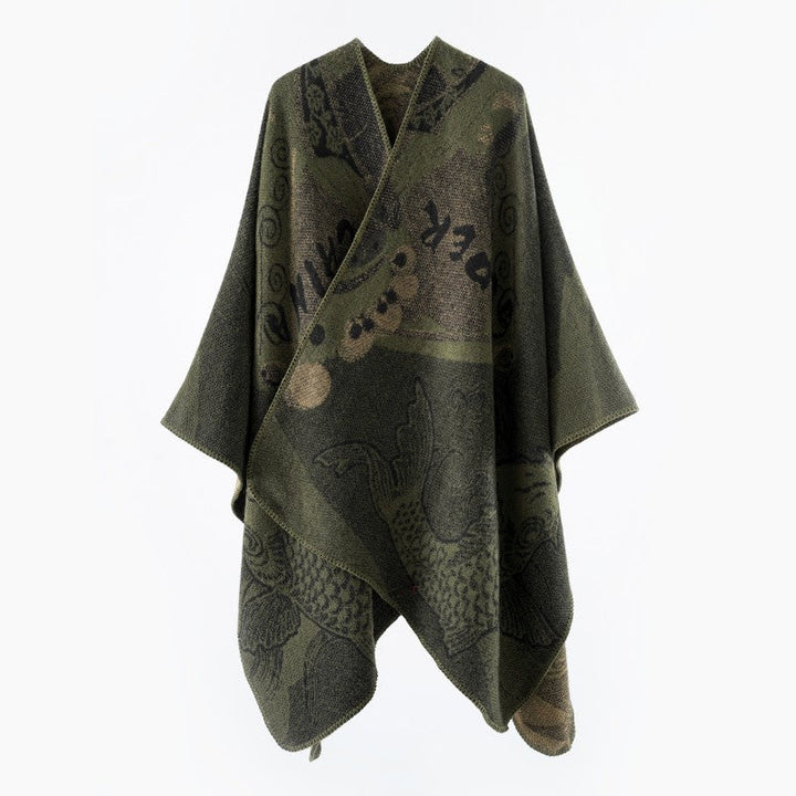 Dam Jacquard stickad Cape med Koi Motif och bred Oversize Fall