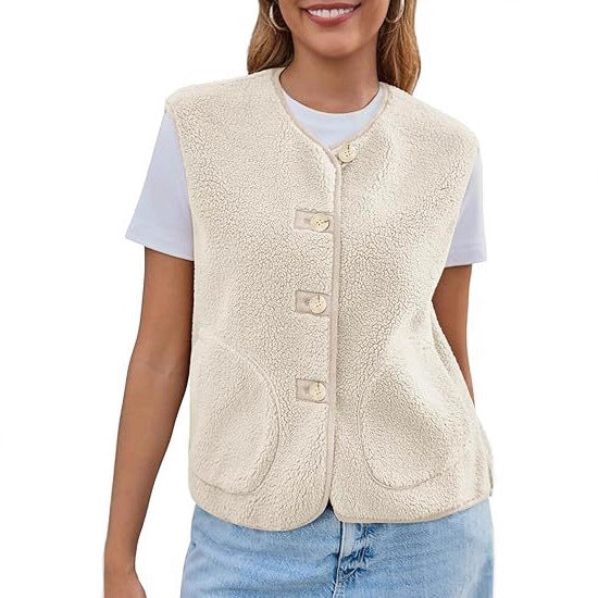 Dam teddy fleece väst med knappslå och sidofickor