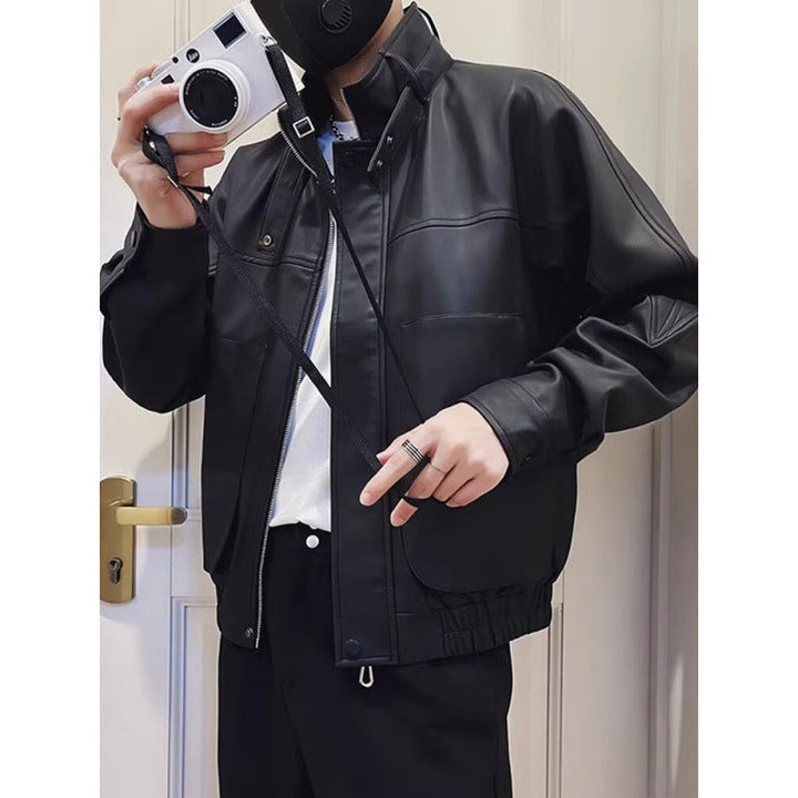 Herr Biker-Inspired Konstläder Bomberjacka med Stående Krage och Elastisk Fåll