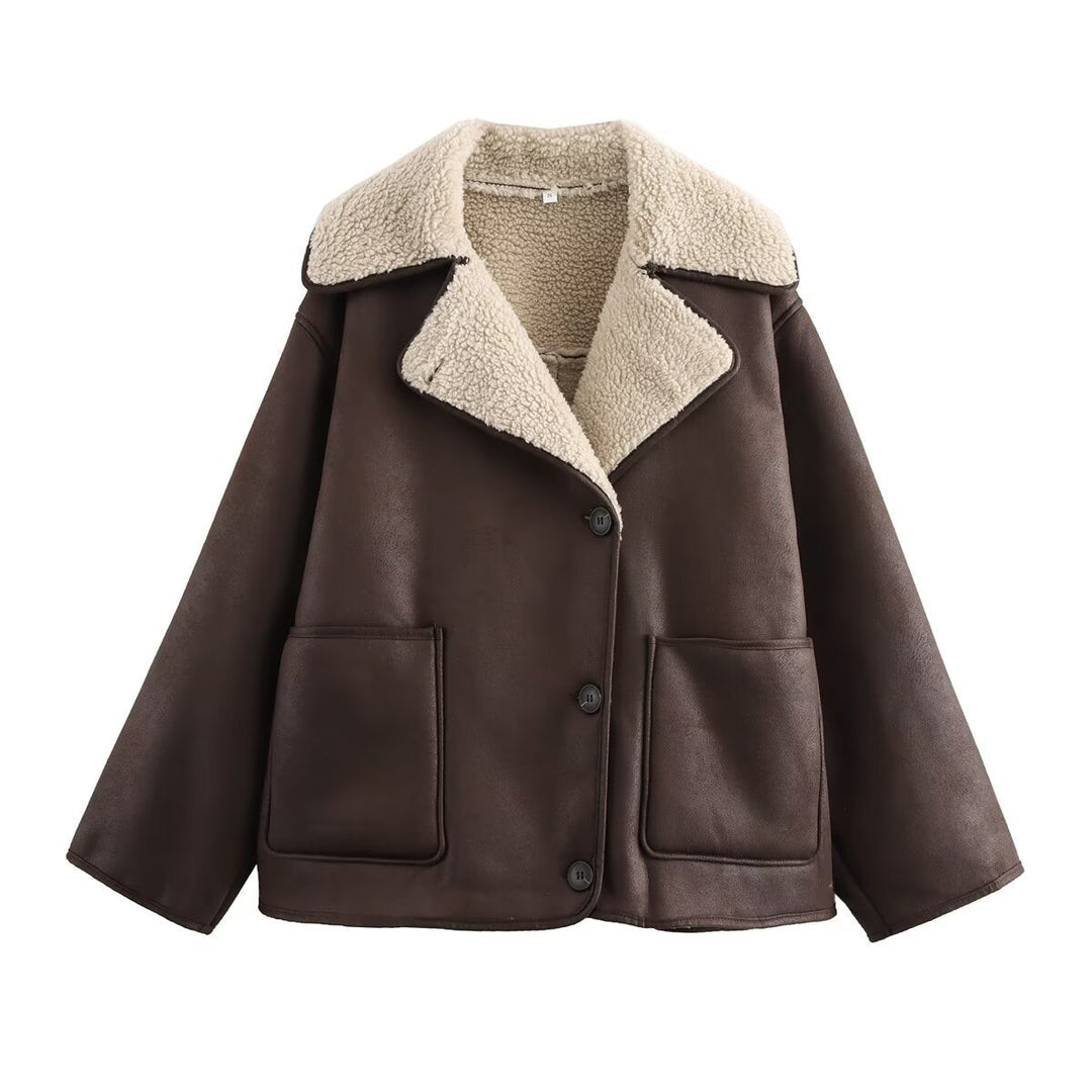 Dam Kort Lambskin Look Jacka i Boxig Skärning med Sjalrakrage och Utanpåfickor
