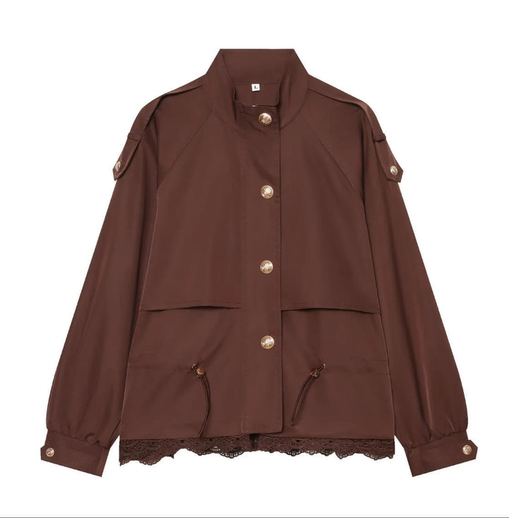 Dam 50+ Tailored Utility Blouson Jacka med Stå Krage, Drawstring Fickor och Lace Kant