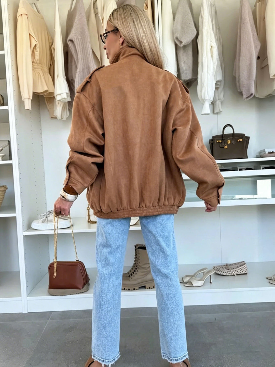 Dam oversize jacka in mocka look med bröstfickor och Epaulettes