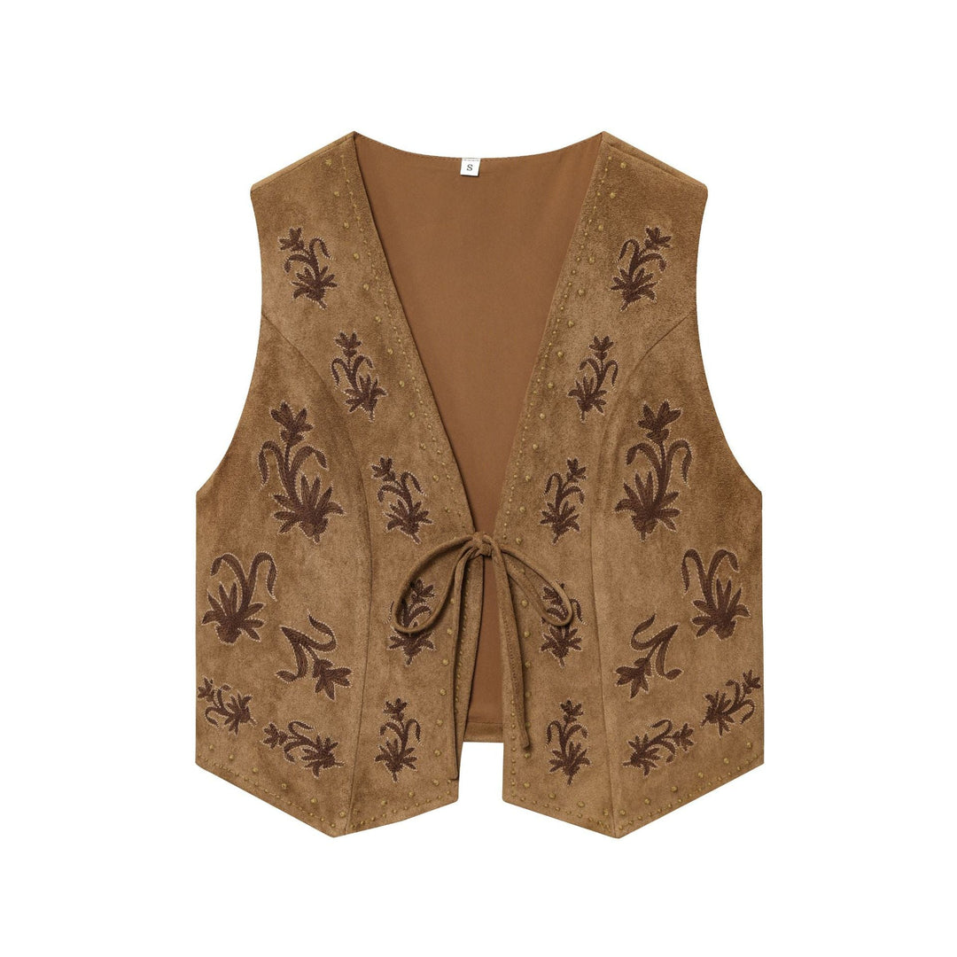 Dam Embroidered Suede Look Väst med Tie och V-Neck