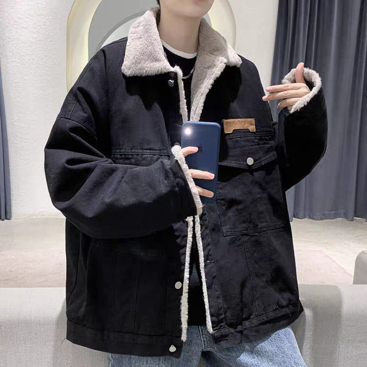 Herr Fodrad Oversized Jeansjacka med Teddyfoder och Lock Fickor