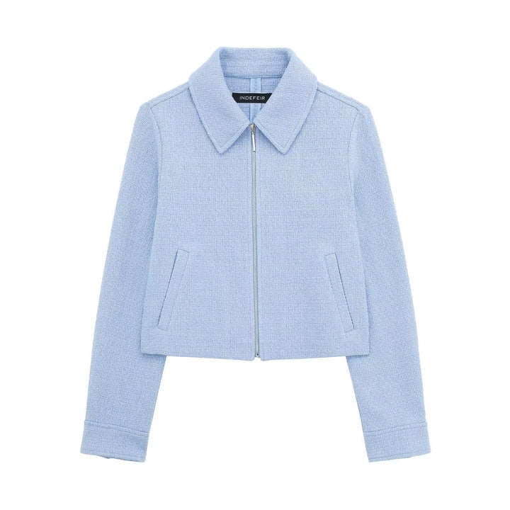 Dam structured kort jacka i bouclé look med dragkedja och skjortkrage