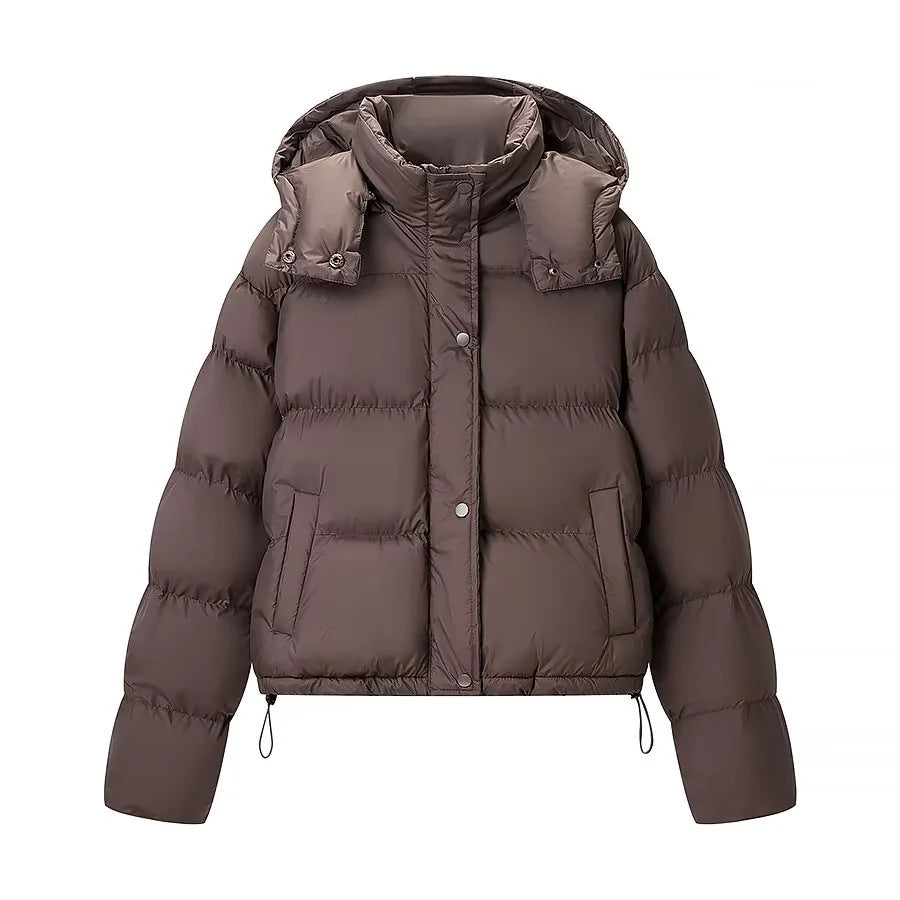 Dam kort quiltad vadderad jacka med avtagbar huva och drawstring fåll