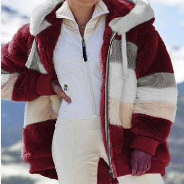 Dam oversized faux fur patchwork hooded jacka med ribbstickade muddar och two-way dragkedja