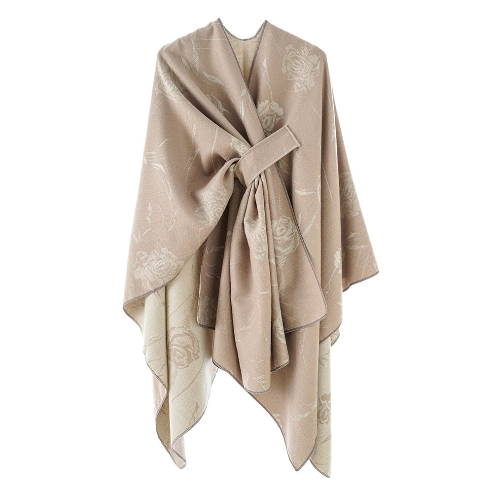 Dam Reversible capeponcho med Rose Jacquard och Tie bälte
