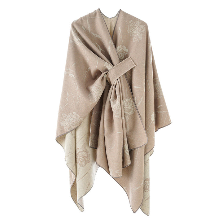 Dam Reversible capeponcho med Rose Jacquard och Tie bälte