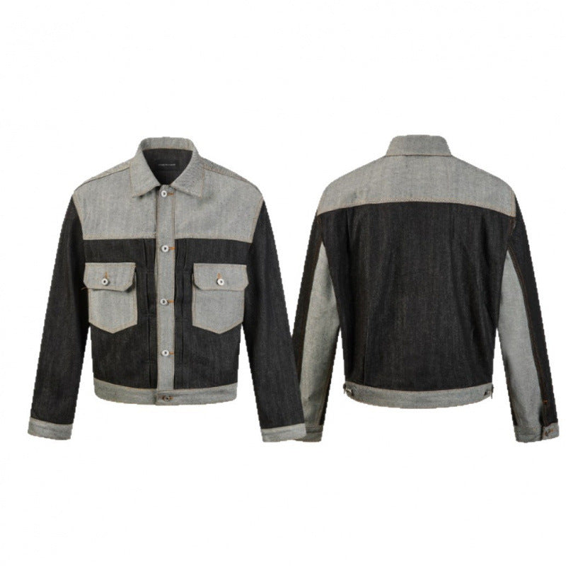 Herr cropped patcharbete denimjacka med fickor med lock och constructive söm guidance