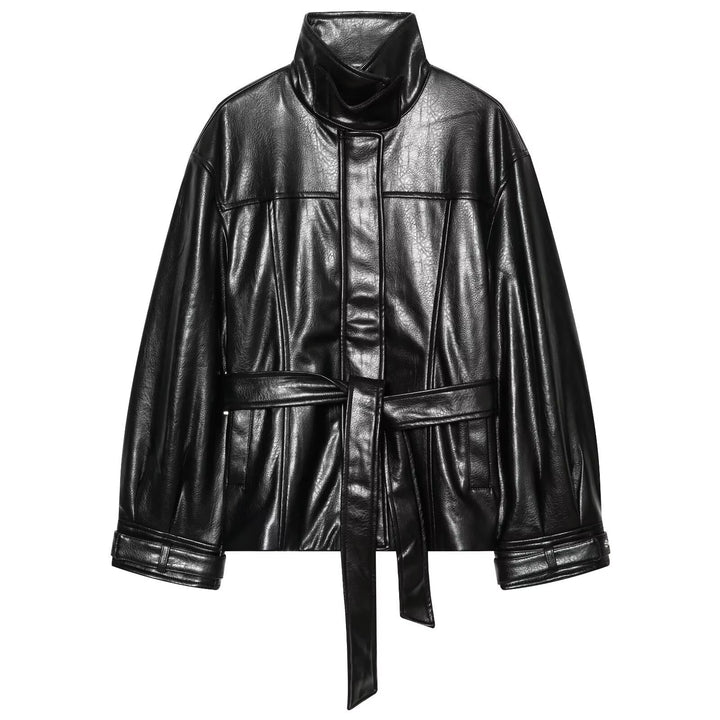 Dam Kort Oversize Faux Läder Trench med Hög Stå Krage och Waist Belt