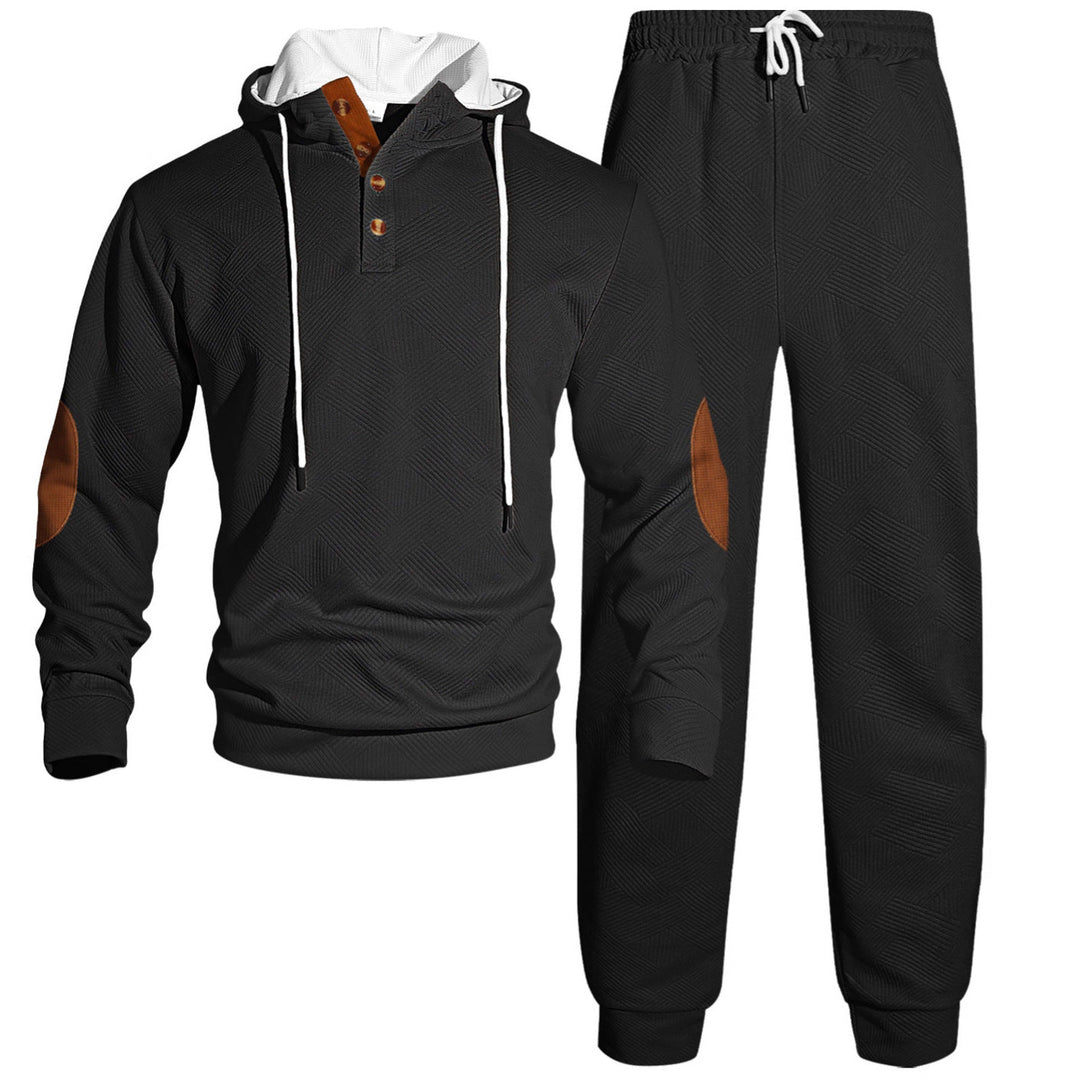 Herr Waffle Structure Henley Luvtröja Set med Wooden Knapplist Elbow Lappar och Tapered Joggingbyxor