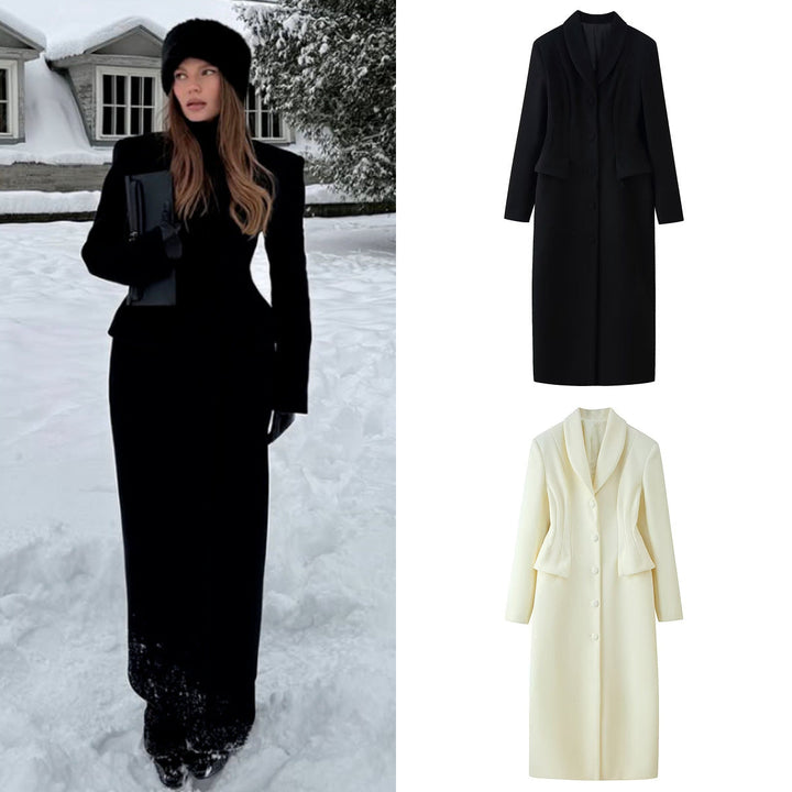 Dam Skräddarsydd Lång Kappa med Sjalrakrage och Peplum Midja