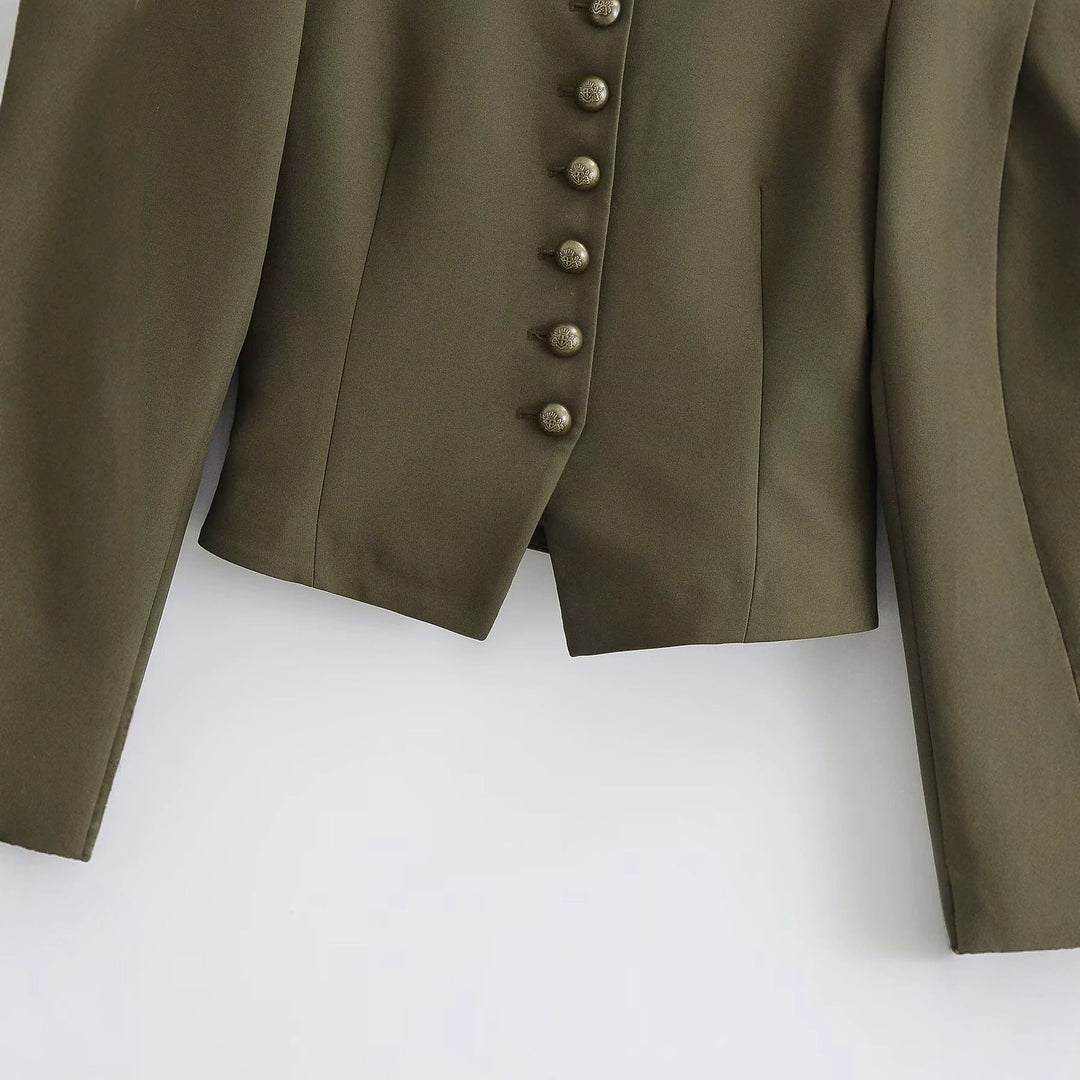 Dam Fitted Military Kort Jacka med Stå Krage, Epaulettes, och Adorned Dekorativ Knots