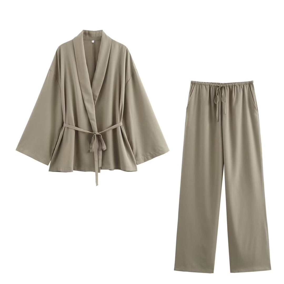 Dam Kimono Jacka med Wrap Belt, Loose Passform och Shawl Krage