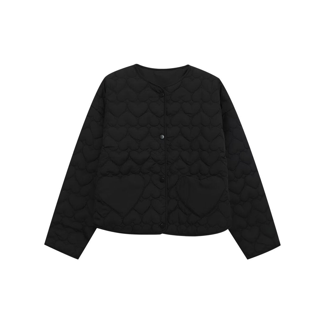 Dam Kort Quiltad Jacka med Heart Quilting och Heart Fickor
