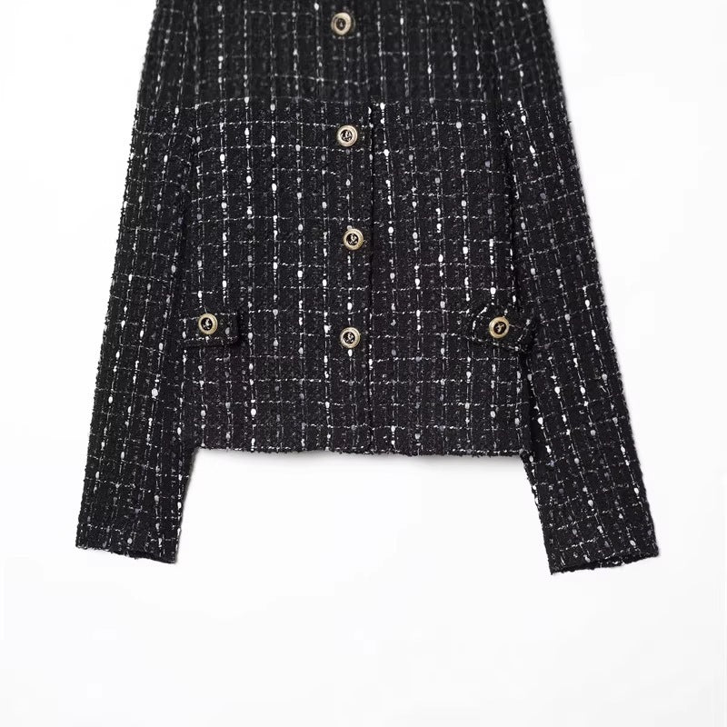 Dam Kort Bouclé Tweed Jacka med Ståkrage, Decorative Knappar och Utanpåfickor