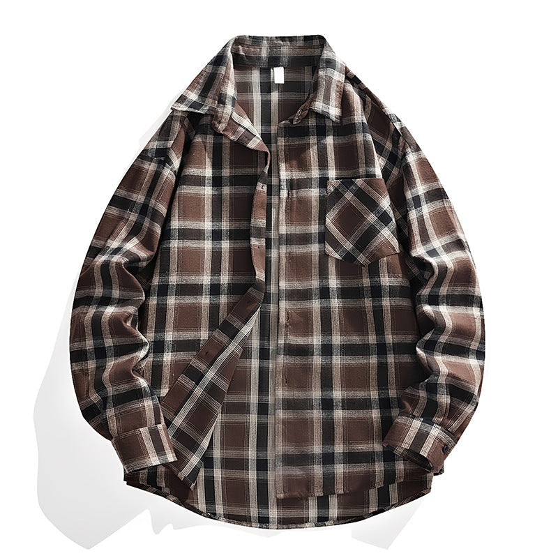Herr Oversized Rutig Flannel Skjortjacka med Breast Ficka och Rundad Fåll