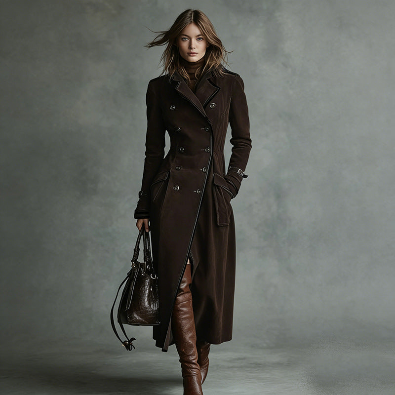 Dam längre skräddad trenchcoat in mocka look med Double-Breasted knappslå och Buckle muddar