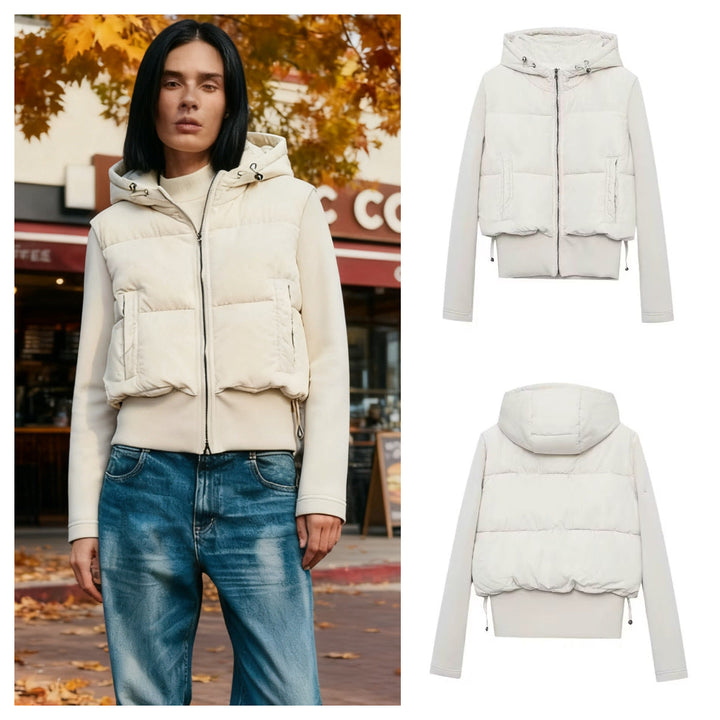 Dam Kort-Skärning Hybrid Quiltad Jacka med Huva, Midjedragsko och Elastic Ärmar