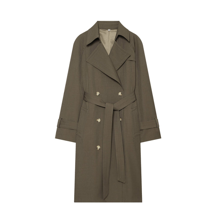 Dam elegant utility trench med bred lapels, bälte tie och påsydda fickor