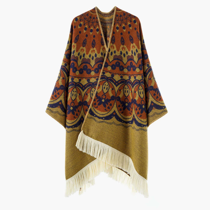 Dam Woven Jacquard poncho med V-Neck, Ethno tryck och Fringes