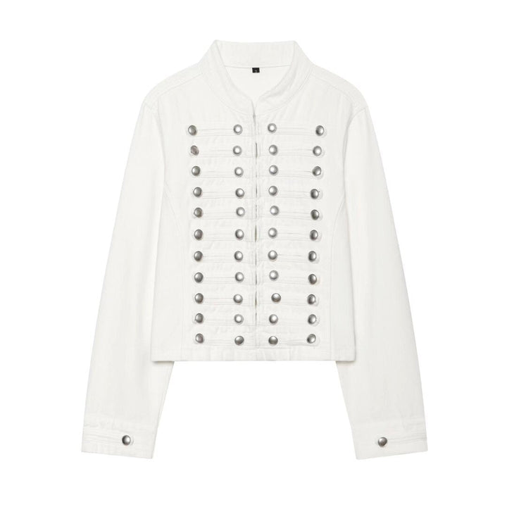 Dam Kort Denim Blouson i Tailcoat Stil med Dekorativ Row Knappar