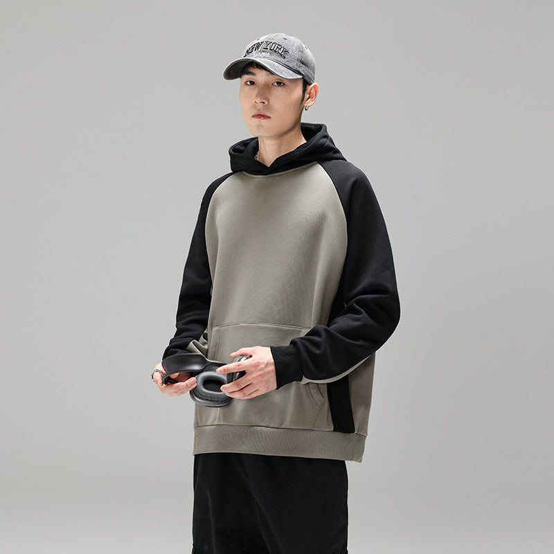 Herr Kapuzenpullover Im Colourblock-Design med Raglanärmeln, Kängurutasche och Ribbad Fåll