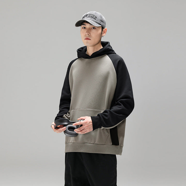 Herr Kapuzenpullover Im Colourblock-Design med Raglanärmeln, Kängurutasche och Ribbad Fåll