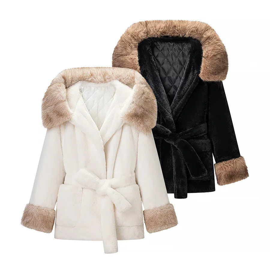 Dam mysig faux fur kappa jacka med huva, midjebälte och kontrast foder