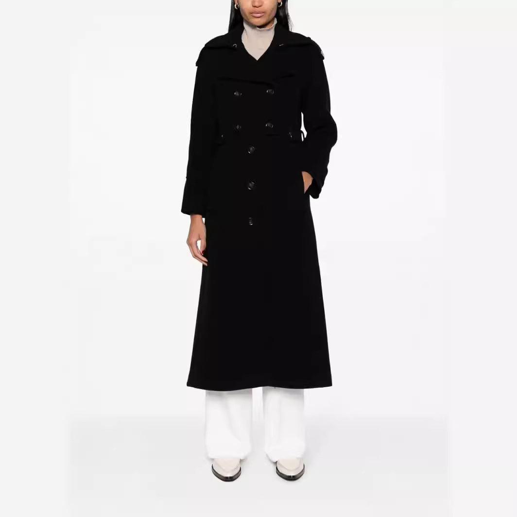 Dam Floor-Length Double-Breasted trenchcoat gjord ullblandning med Shoulder Patches och dold midjebälte