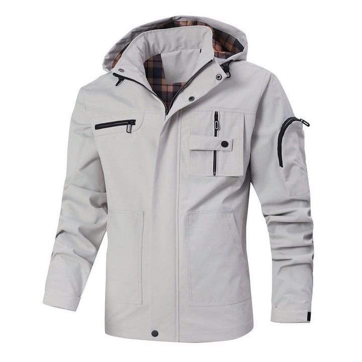 Herr Vindtät Softshell Jacka med Huva, Rutig Innerfoder och Multifunktionell Fickor
