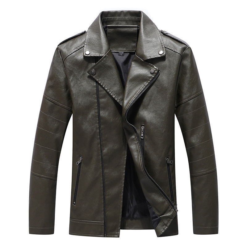Herr Smal Passform Konstläder Biker Jacka med Quiltad Arm Panels och Lapel Krage