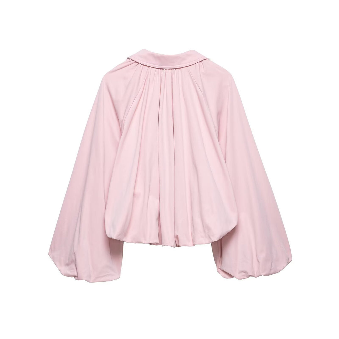 Dam Kort Blouson med Balloon Ärmar, Skjort Krage och Elastic Nederkant