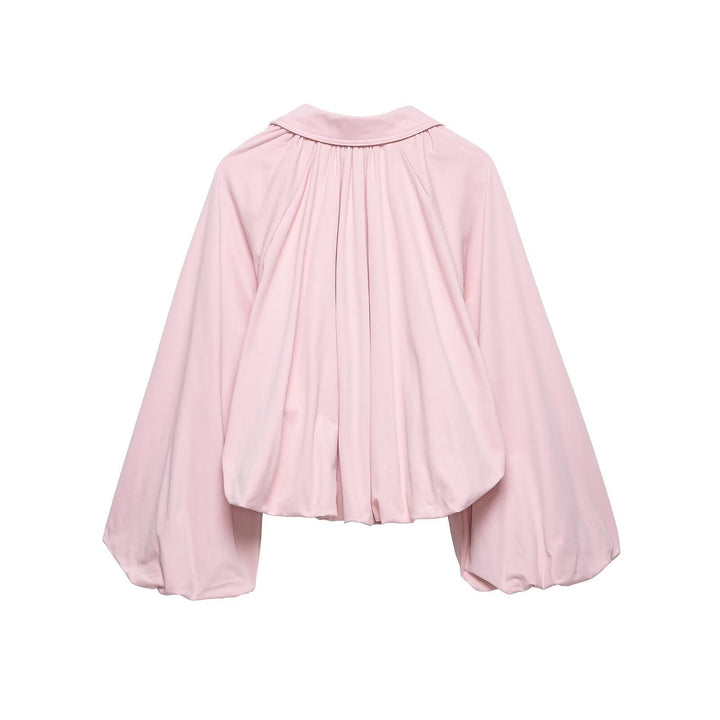 Dam Kort Blouson med Balloon Ärmar, Skjort Krage och Elastic Nederkant