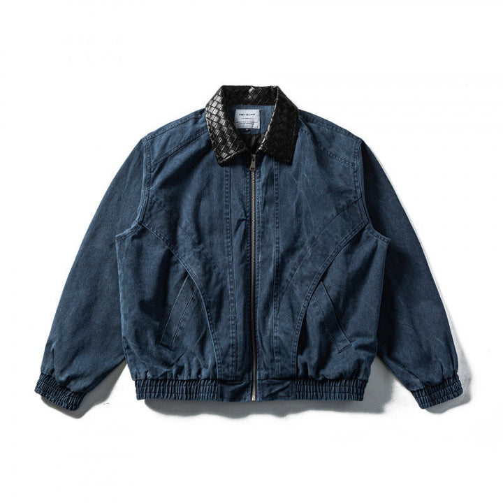 Herr boxig Denim Blouson Jacka med quiltad Läder Krage och elastiska muddar