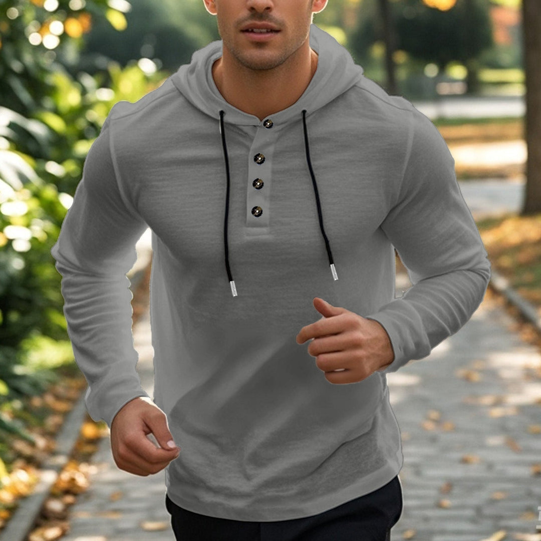 Herr Ledig Luvtröja i Henley Stil med Knapplist och Adjustable Dragsko