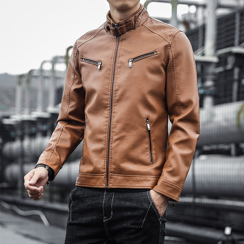 Herr Konstläder Moto Jacka i Aviator Stil med Stående Krage och Funktionell Dragkedjor