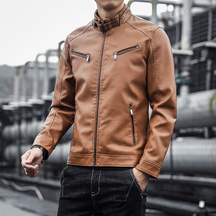 Herr Konstläder Moto Jacka i Aviator Stil med Stående Krage och Funktionell Dragkedjor