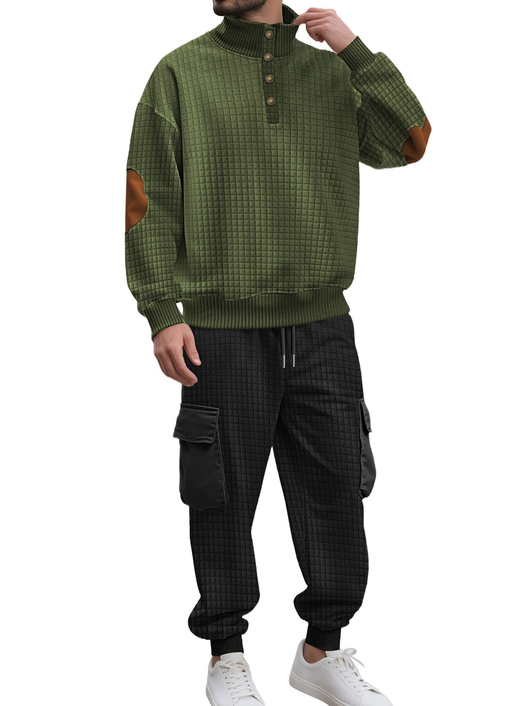 Herr Check Relief Sweat Set med Ståkrage Knapplist, Velour Elbow Lappar och Cargo Jogger