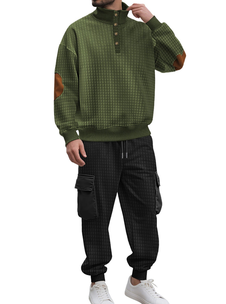 Herr Check Relief Sweat Set med Ståkrage Knapplist, Velour Elbow Lappar och Cargo Jogger