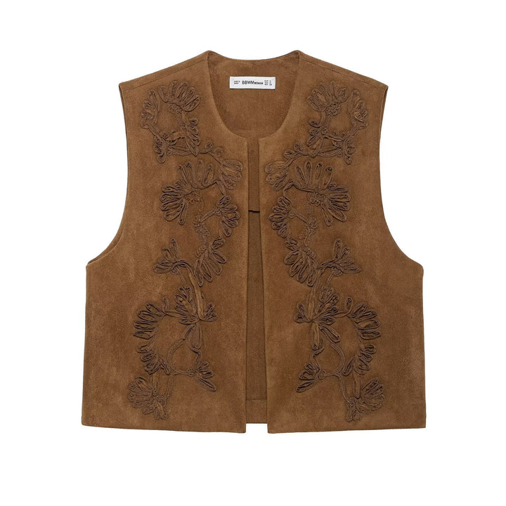 Dam Sleeveless Suede-Look Väst med Blommig Appliqué