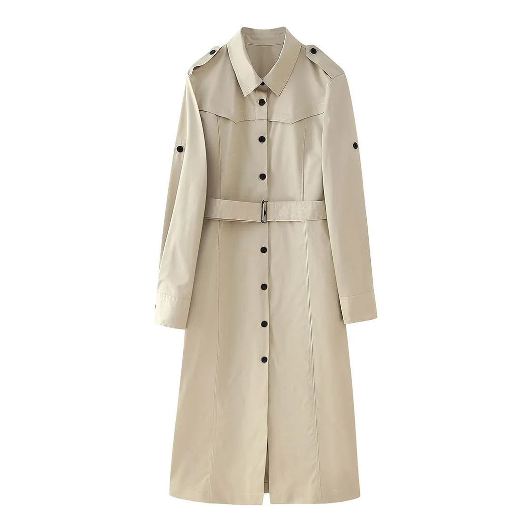 Dam longer figursydd trenchcoat med midjebälte, axel epaulettes, och continuous knäppning