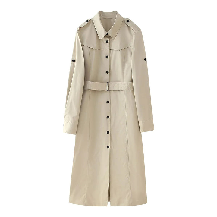 Dam longer figursydd trenchcoat med midjebälte, axel epaulettes, och continuous knäppning