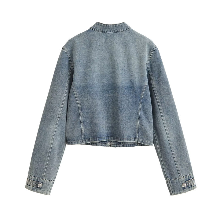 Dam Denimjacka i Military Stil med Stå Krage och Dekorativ Knapp Plackets