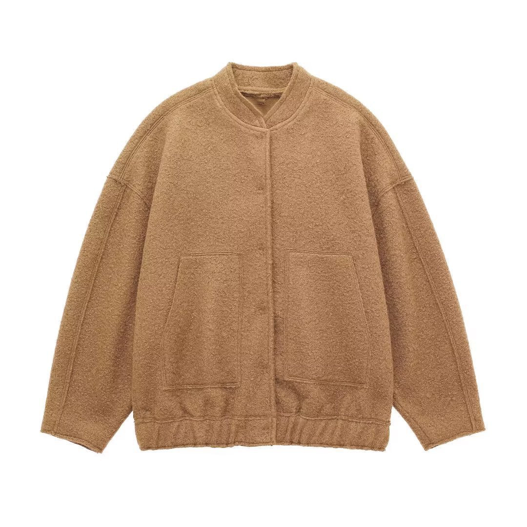 Dam 70+ Oversize Teddy-Fleecejacka med Stå Krage och Patch Fickor