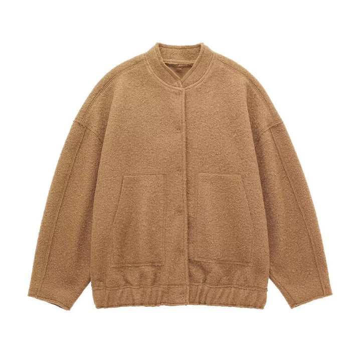 Dam 70+ Oversize Teddy-Fleecejacka med Stå Krage och Patch Fickor