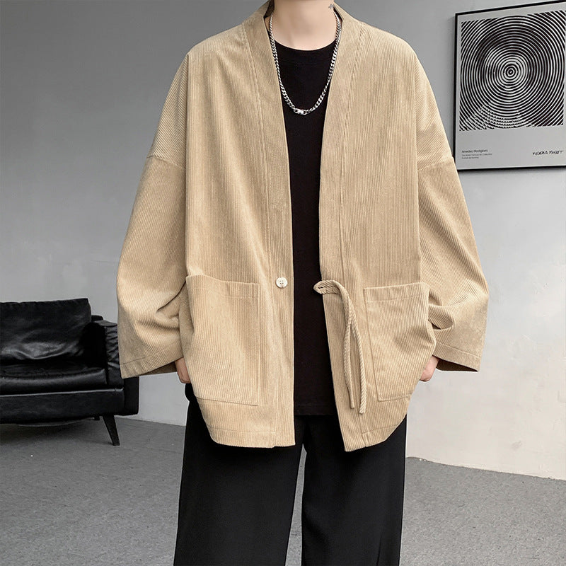 Herr oversize cord kimono cardigan med drawstring, utanpåfickor och drop ärmar