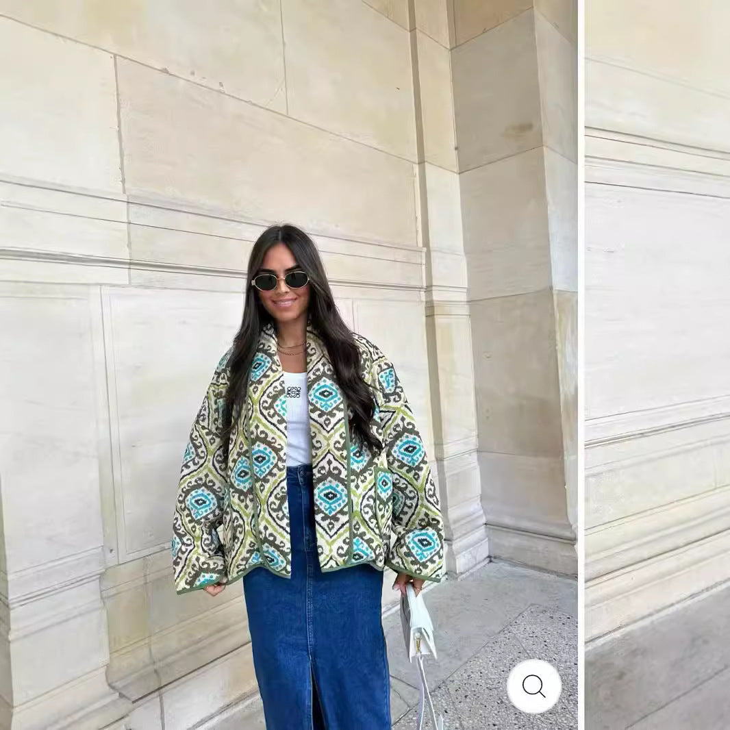 Dam kviltad Kimono jacka med Graphic Allover mönster, Shawl krage och utanpåfickor