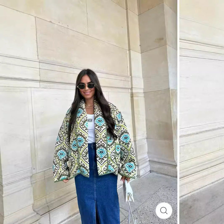 Dam kviltad Kimono jacka med Graphic Allover mönster, Shawl krage och utanpåfickor